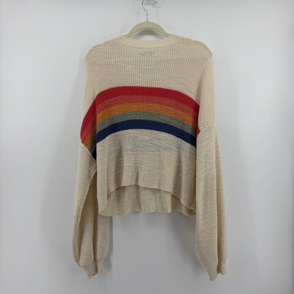 American Eagle Sweater Cream Women XL Rainbow Stripe Relaxed Crop Crewneck Boho - Picture 2 of 6